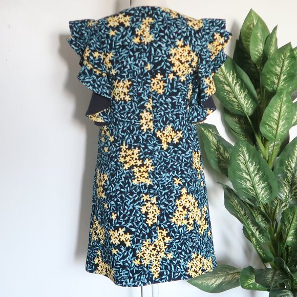 ZARA Basic Floral Ruffle Sleeve Mini Dress Blue Yellow Medium - Picture 7 of 14